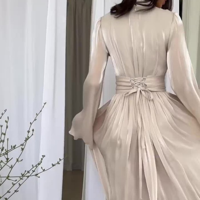 Autumn Light Luxury Ladies Party Gown Fashion O-Neck Cinched Waist Pleated Long Dresses French Casual Solid Color Banquet Dress