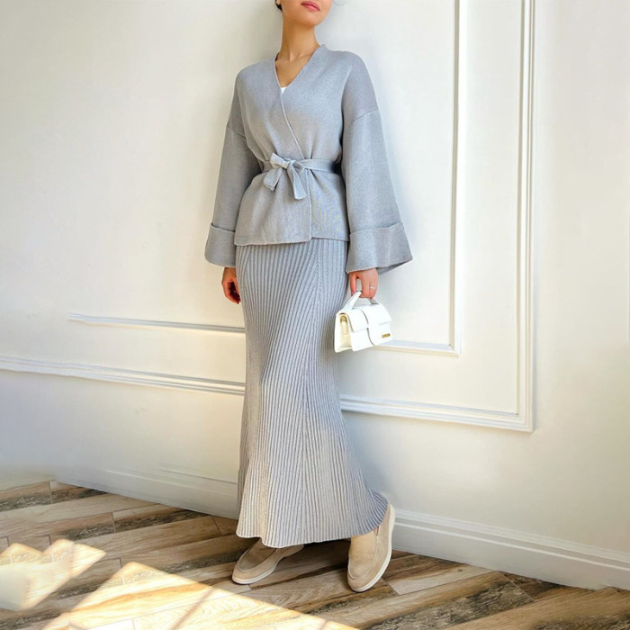 Women Knitting Skirt 2 Piece Set Sweater Coat Suit Lace Up Morocco Dubai Casual Muslim Ensemble Knitwear Long Skirts Outfits