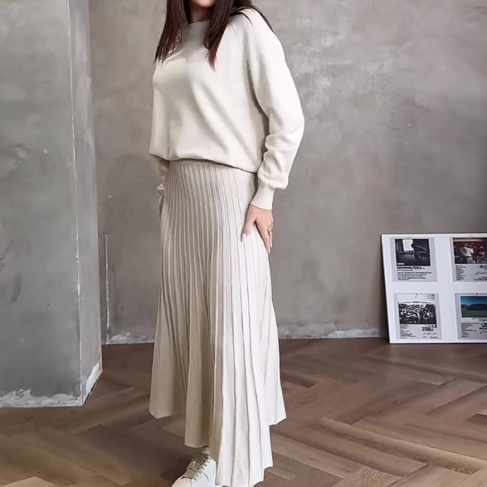 Two Piece Set Women Outfit Spring Solid Color Round Neck Long Sleeved Pullover Top & Casual High Waist Pleated Long Skirt Set