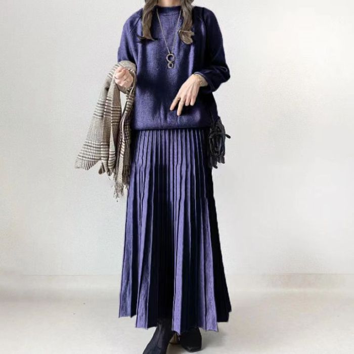 Two Piece Set Women Outfit Spring Solid Color Round Neck Long Sleeved Pullover Top & Casual High Waist Pleated Long Skirt Set