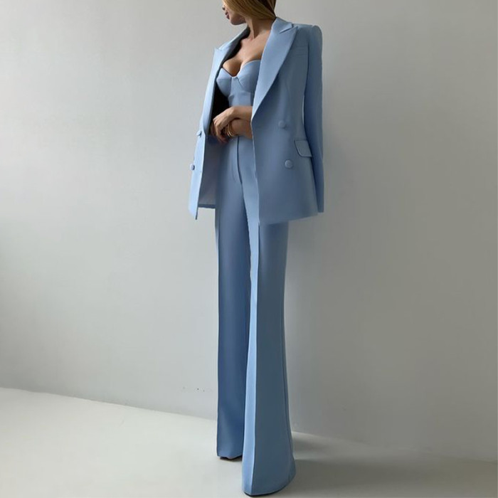 Autumn New Women Three-piece Set Strapless Tank Top Double Breasted Blazer Suit Pants Office Lady Elegant Tide Chic