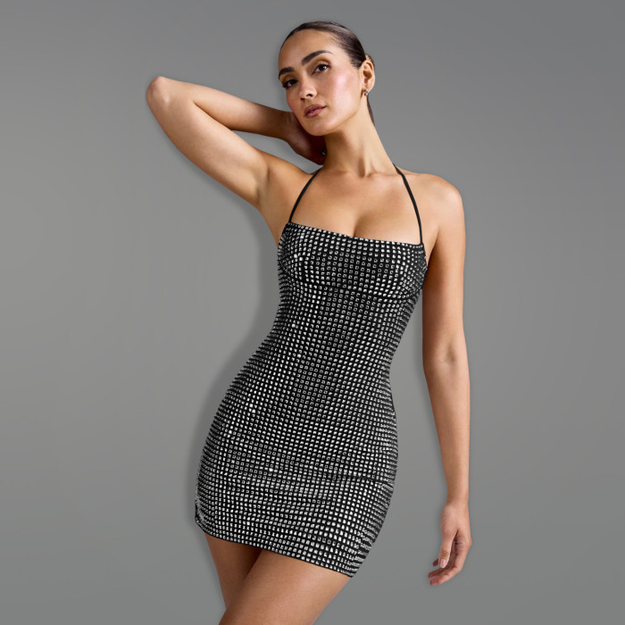 Fashion Backless Hollow Out Party Dress Elegant Shiny Sequins Wrap Hip Dress Women Sexy Halter Sleeveless Slim Mini Dress