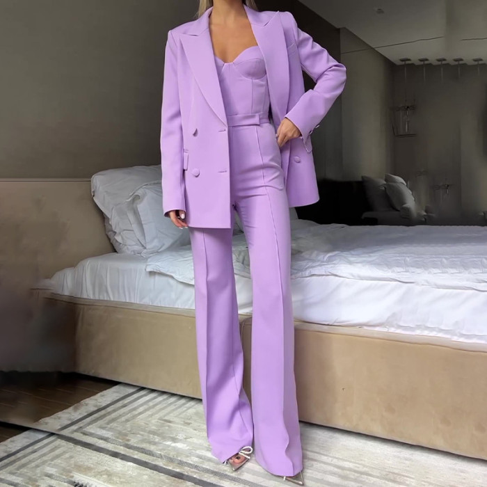 Autumn New Women Three-piece Set Strapless Tank Top Double Breasted Blazer Suit Pants Office Lady Elegant Tide Chic