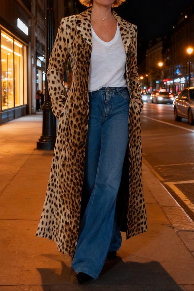 Autumn Winter Casual Loose Windbreaker Fashion Leopard Print Loose Long Jacket Women Elegant Lapel Long Sleeve Outercoats