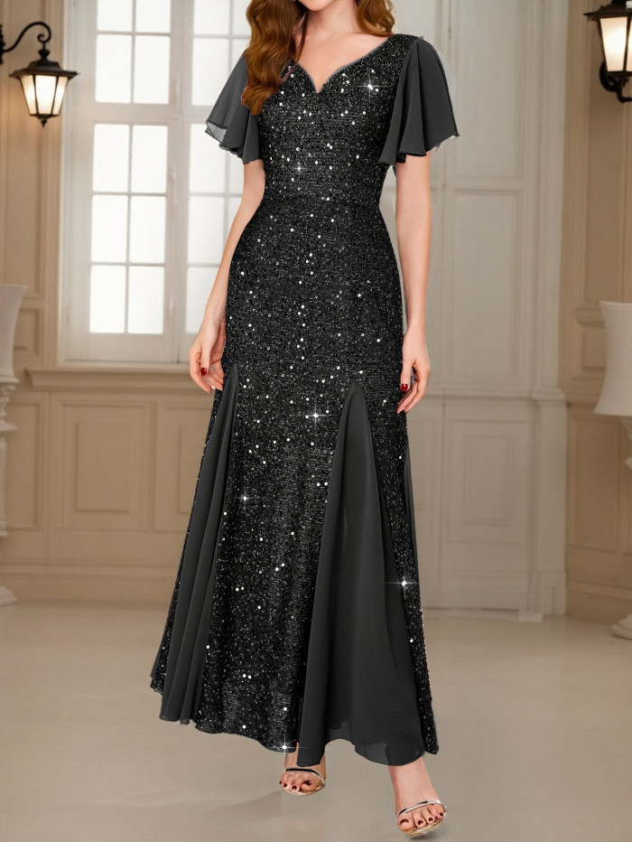 Fashion Hight Waist Slim Evening Dress Sexy V-neck Ruffle Short Sleeve Party Dress Women Elegant  Shiny Sequins Solid Long Dress