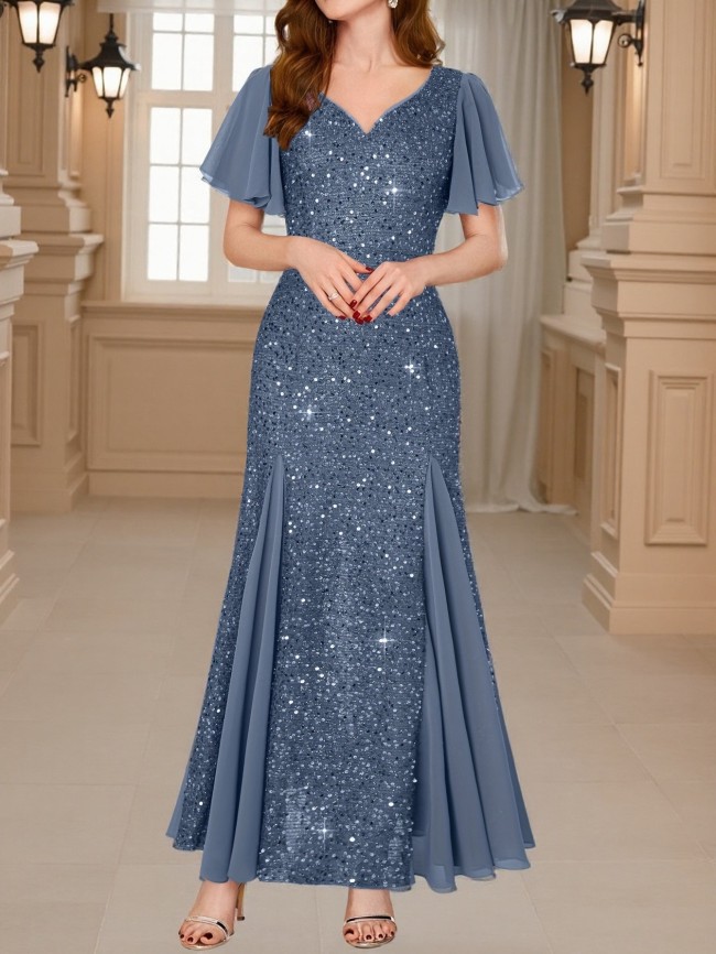 Fashion Hight Waist Slim Evening Dress Sexy V-neck Ruffle Short Sleeve Party Dress Women Elegant  Shiny Sequins Solid Long Dress