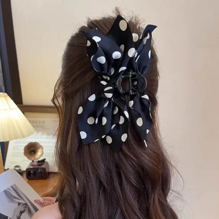 Elegant Hair Claw Clip - hold for updos, buns, ponytails - Black and White Polka Dot Hair accessory for, Formal Events, Everyday Hairstyles - Vintage Hair Clip for Volume & Grip, Special Occasion Hairpiece, Classic Bow Design, Highquality Hairpiece