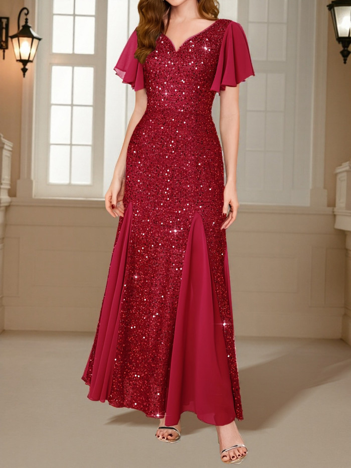 Fashion Hight Waist Slim Evening Dress Sexy V-neck Ruffle Short Sleeve Party Dress Women Elegant  Shiny Sequins Solid Long Dress