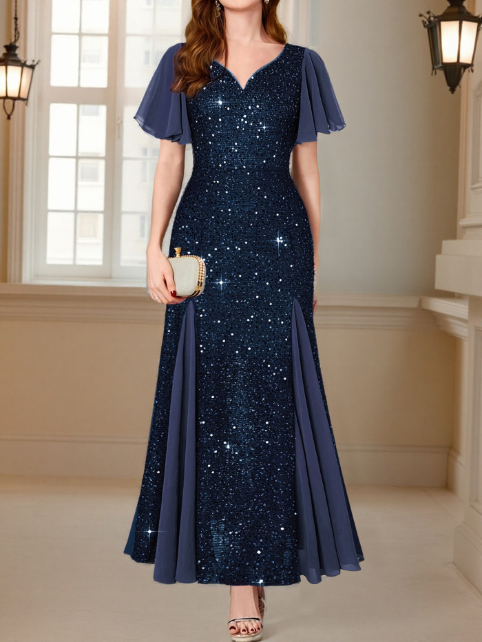 Fashion Hight Waist Slim Evening Dress Sexy V-neck Ruffle Short Sleeve Party Dress Women Elegant  Shiny Sequins Solid Long Dress