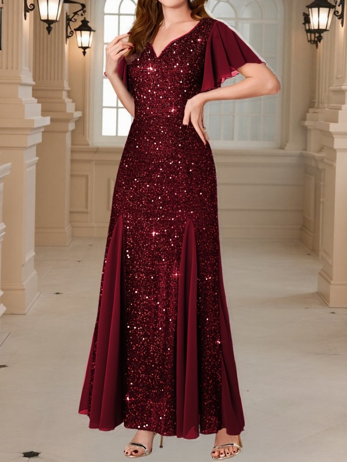 Fashion Hight Waist Slim Evening Dress Sexy V-neck Ruffle Short Sleeve Party Dress Women Elegant  Shiny Sequins Solid Long Dress