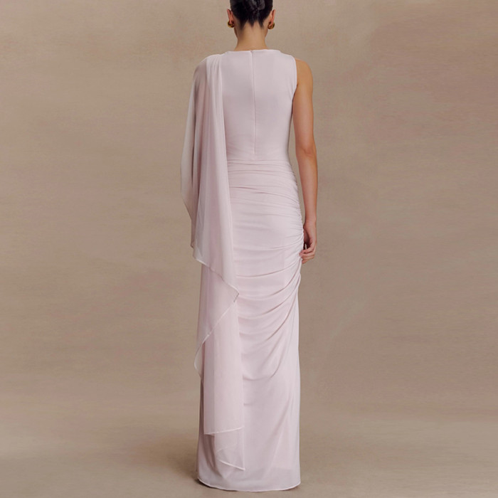 Mesh Shawl High Waist Women Long Dress Elegant O-neck Sleeveless Hollow Out Party Dress Casual Solid Color Draped A-line Dresses