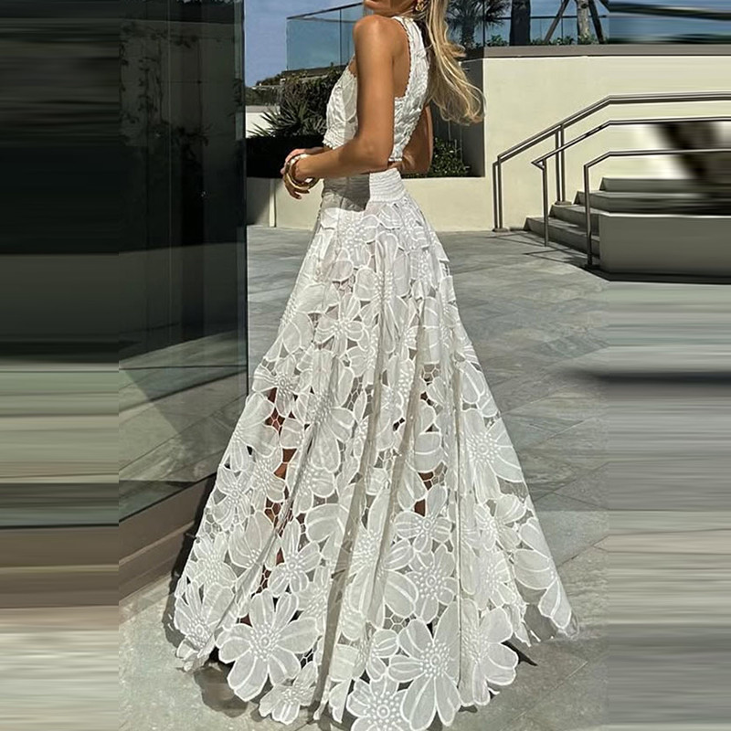 Lace Hollow Loose Women's 2 Piece Set Fashion O-neck Sleeveless Top with Long Skirt Suit Sexy Exposed Navel Holiday Outfit