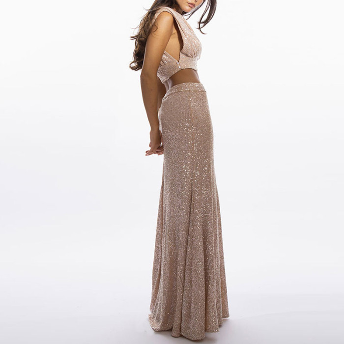 Pink Sequined Sleeveless Slim Fit Women's Outfit Casual O-neck Crop Top & Long Skirt Suit Club Party Elegant Two Piece Set