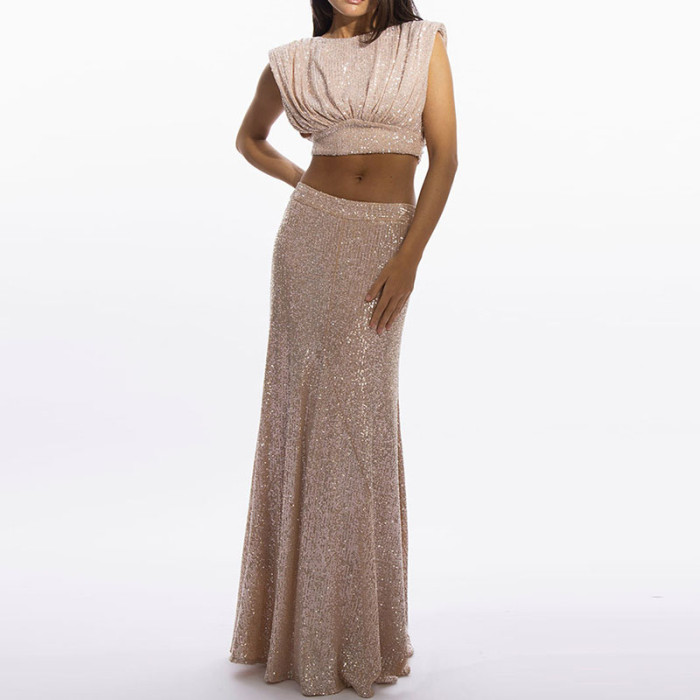 Pink Sequined Sleeveless Slim Fit Women's Outfit Casual O-neck Crop Top & Long Skirt Suit Club Party Elegant Two Piece Set