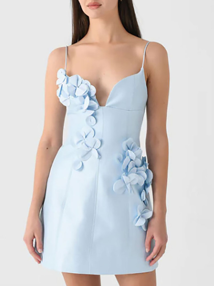 Sexy Low Cut V Neck High Waist Party Dress Fashion Backless Slim Fit A-line Dresses Blue Flower Patchwork Camisole Women Dress