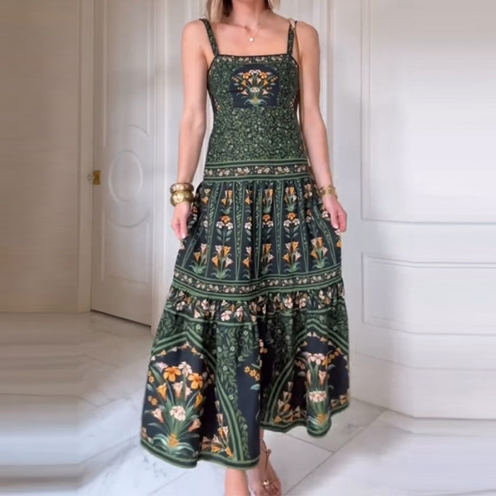 Summer Sexy Printed Strap Bohemian Dress Women Fashion Off Shoulder High Waist Long Dress Holiday Sleeveless Pleated Beach Dress