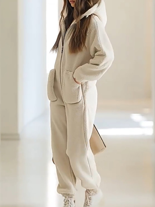 Autumn Thick Warm Plush Jumpsuit Casual Hooded Long Sleeved Women's Playsuit Simple Solid Color Pocket Pants Home Wear Rompers