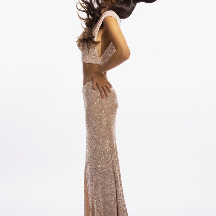 Pink Sequined Sleeveless Slim Fit Women's Outfit Casual O-neck Crop Top & Long Skirt Suit Club Party Elegant Two Piece Set