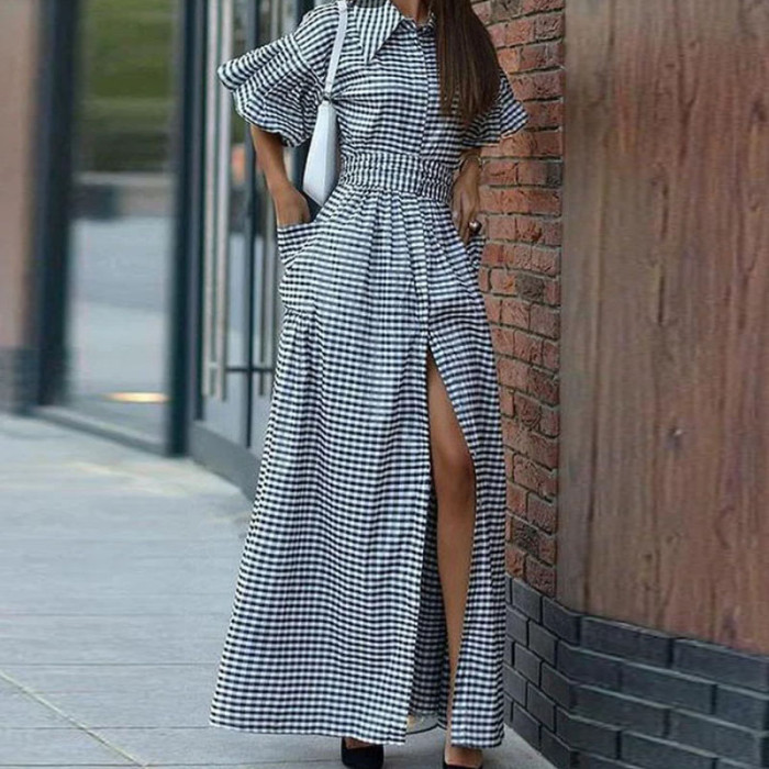 Plaid Printed Puff Sleeve Women Dress New Elegant Lapel Button Shirt Long Dress Fashion Pocket High Waist Robe Dress