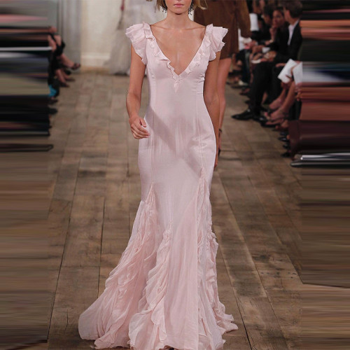 Pink Ruffle Design High Waist Long Dress Summer Women V Neck Sleeveless Wrap Hip Dress Elegant Slim Fit Evening Dress Vestidos