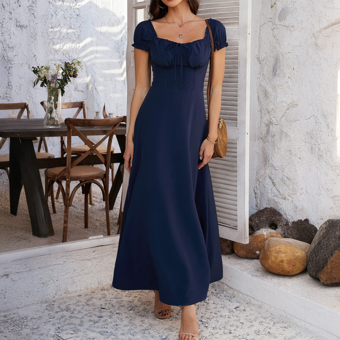 ✨ French Style Lace-up Pleated Puff Sleeve Elegant Dress ✨
