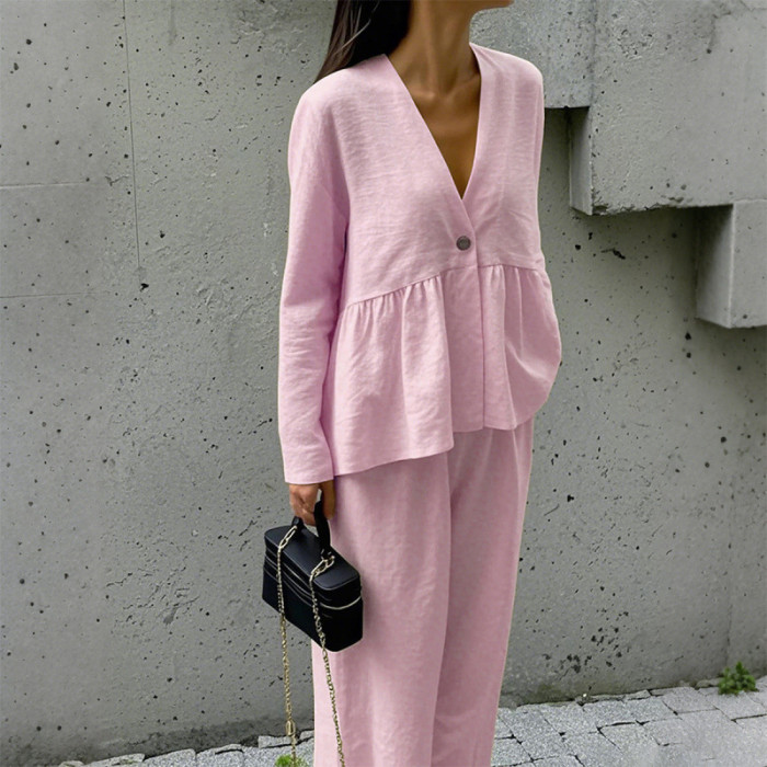 New Autumn V Neck Long Sleeved Top and Pants 2 Piece Set Simple Solid Color Home Wear Suit Casual Street Wear Vacation Outfits