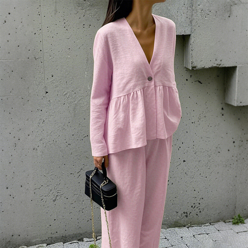 New Autumn V Neck Long Sleeved Top and Pants 2 Piece Set Simple Solid Color Home Wear Suit Casual Street Wear Vacation Outfits