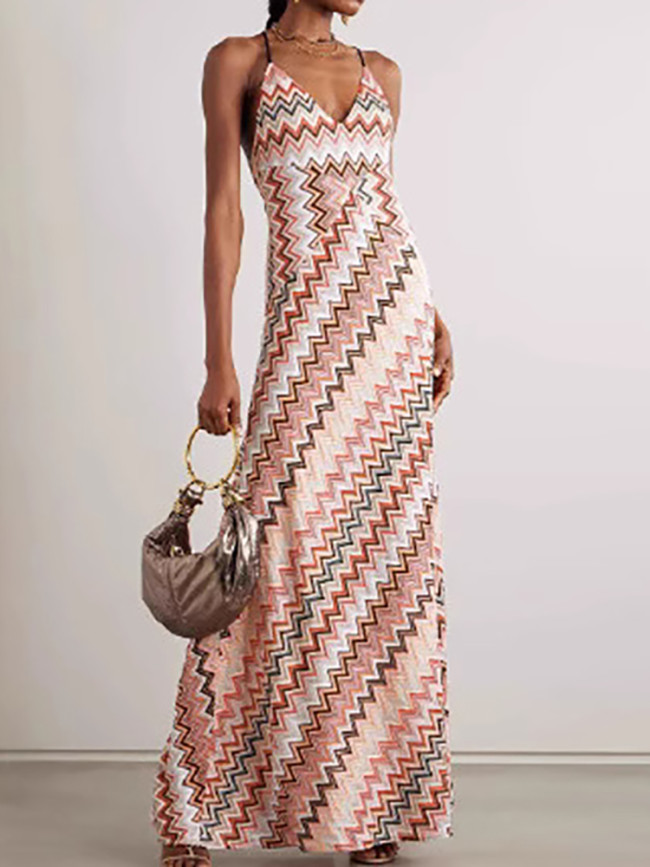 Sexy Hollow Out Sleeveless Women's Robe Dress Summer Vacation High Waist Long Dress Striped Print V Neck Camisole Bohemian Dress