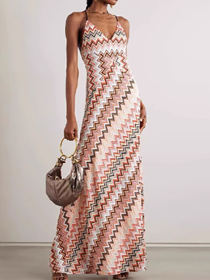 Sexy Hollow Out Sleeveless Women's Robe Dress Summer Vacation High Waist Long Dress Striped Print V Neck Camisole Bohemian Dress