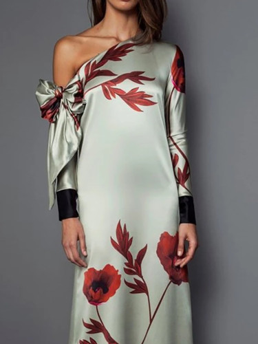 Vintage Bow Tie Up Long Sleeved Party Dress Lady Casual Floral Print Robe Dress Elegant Slanted Neck High Waist Straight Dresses