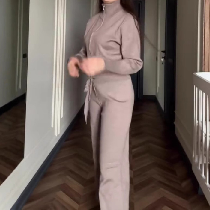 Casual Zipper Jacket Commuter Suit Simple Solid Color Streetwear Long Pants Outfits Autumn Winter Knitted Women's Two Piece Sets