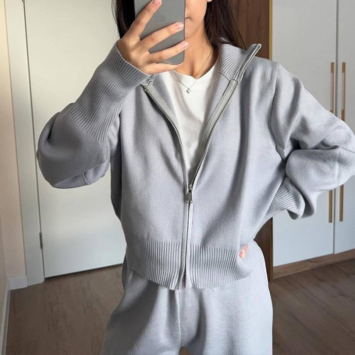 Casual Zipper Jacket Commuter Suit Simple Solid Color Streetwear Long Pants Outfits Autumn Winter Knitted Women's Two Piece Sets