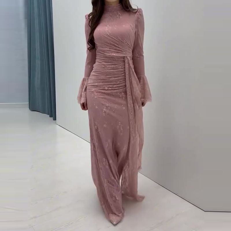 Lace Embroidery Slim Fit Women Banquet Dress Flared Sleeves High Waist Autumn Long Dress Elegant Patchwork Pleated A-line Dress