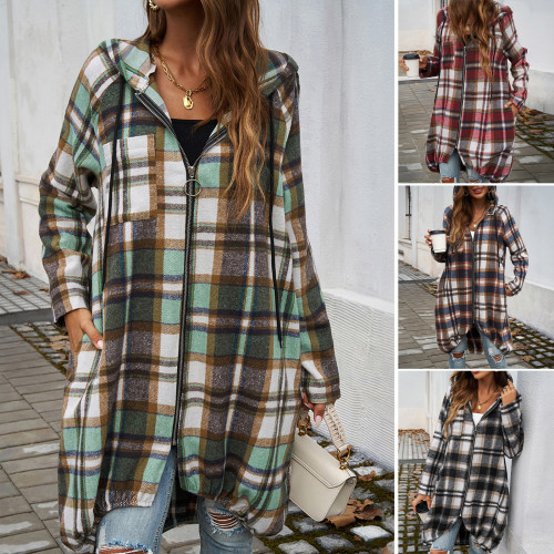 Women's Casual Loose Plaid Contrasting Zipper Hooded Jacket Wholesale Wool Blends Coats Tweed