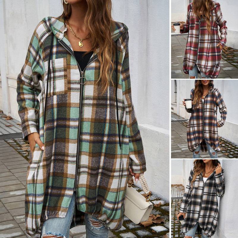 Women's Casual Loose Plaid Contrasting Zipper Hooded Jacket Wholesale Wool Blends Coats Tweed
