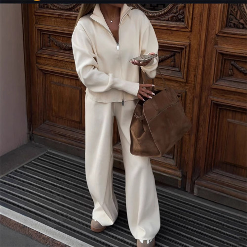 Casual Zipper Jacket Commuter Suit Simple Solid Color Streetwear Long Pants Outfits Autumn Winter Knitted Women's Two Piece Sets