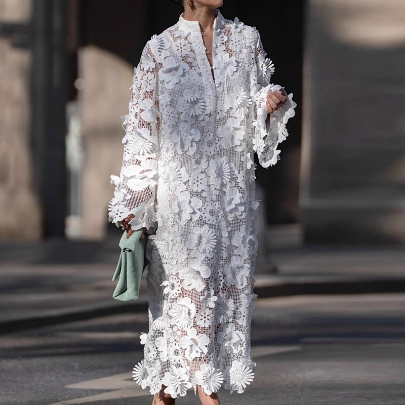 Elegant Lady V Neck Loose Commuter Dress Casual Street Solid Color Holiday Dress New Fashion Lace Flower Long Sleeve Party Dress