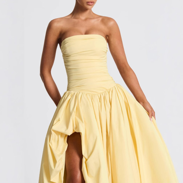 Ladies Elegant Strapless Pleated Flower Bud Dress Fashion Sleeveless Solid Evening Dress 2025 New Summer Asymmetrical Long Dress