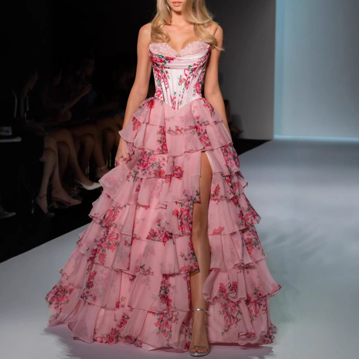 Sexy Wrap Chest Split Evening Dresses Lady Strapless High Waist Printed Long Dress Layered Ruffle Cake Pleated Fluffy Prom Dress