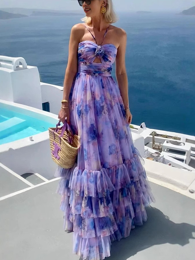 Layered Mesh Printed Women's Evening Dress Elegant Halter Off Shoulder High Waist Dress New Holiday Date Casual Long Dress