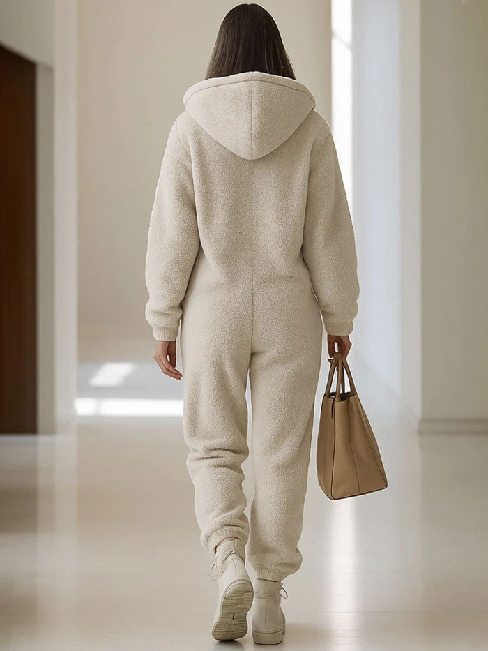 Autumn Thick Warm Plush Jumpsuit Casual Hooded Long Sleeved Women's Playsuit Simple Solid Color Pocket Pants Home Wear Rompers