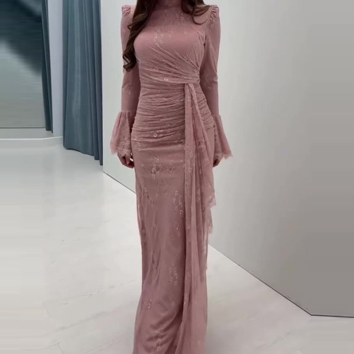 Lace Embroidery Slim Fit Women Banquet Dress Flared Sleeves High Waist Autumn Long Dress Elegant Patchwork Pleated A-line Dress