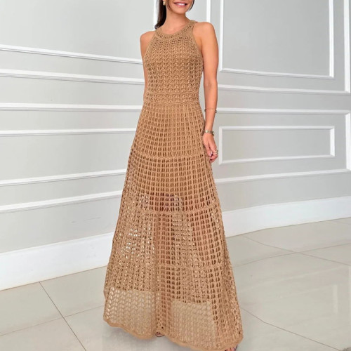 Casual Summer Solid Color Holiday Dresses Fashion O-neck Hollow Knitted Long Dress Sexy Sleeveless High Waist Beach Dress