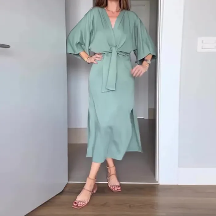 Simple Solid Color Bandage Summer Dresses Casual Loose Side Split Long Dress Ladies Elegant V Neck Half Sleeved Commuter Dress