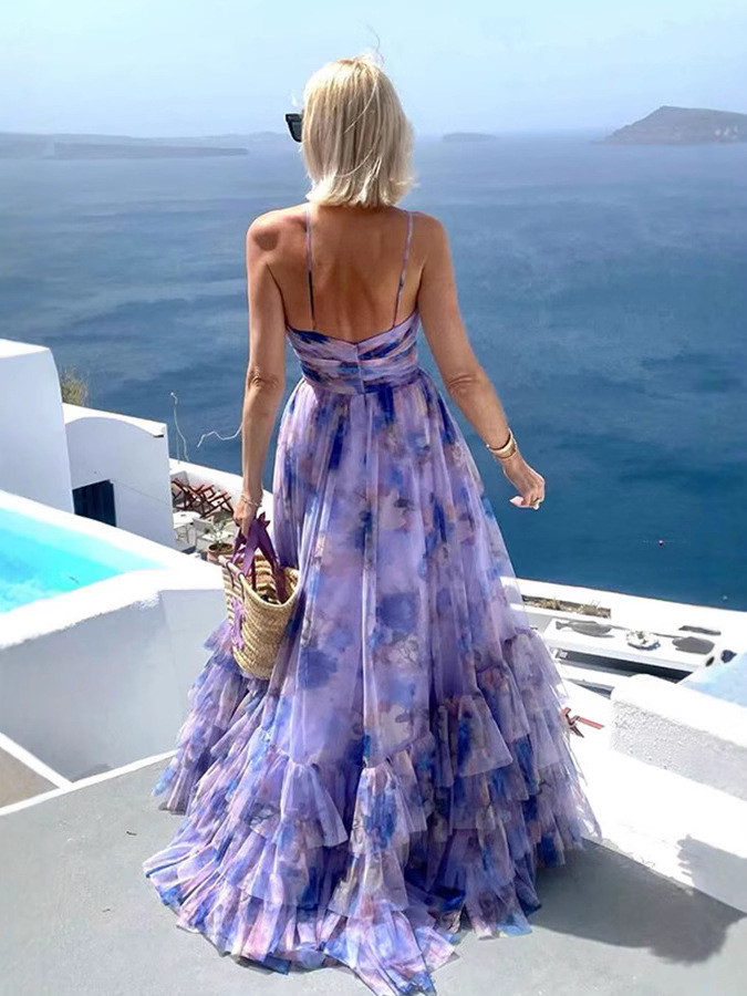 Layered Mesh Printed Women's Evening Dress Elegant Halter Off Shoulder High Waist Dress New Holiday Date Casual Long Dress