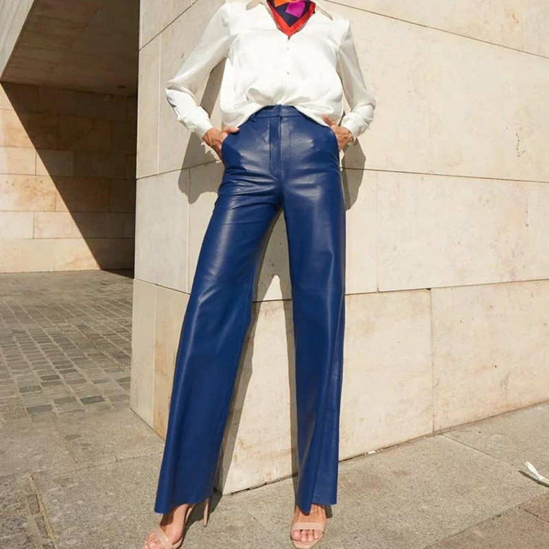 New Vintage High Waist Button Straight Pants Autumn Solid Color Slim Leather Pants Office Elegant Pocket Women's Trousers