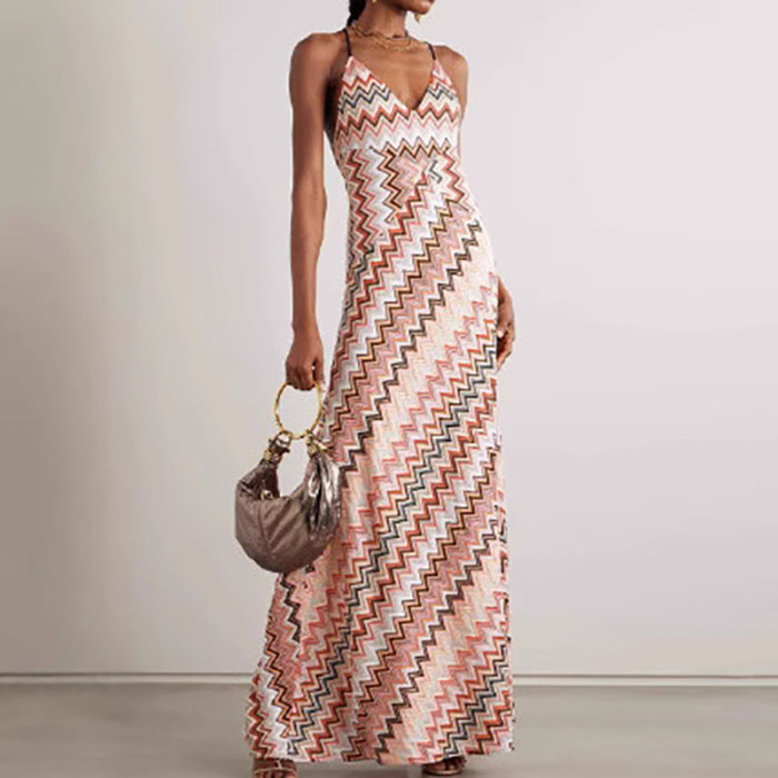 Sexy Hollow Out Sleeveless Women's Robe Dress Summer Vacation High Waist Long Dress Striped Print V Neck Camisole Bohemian Dress