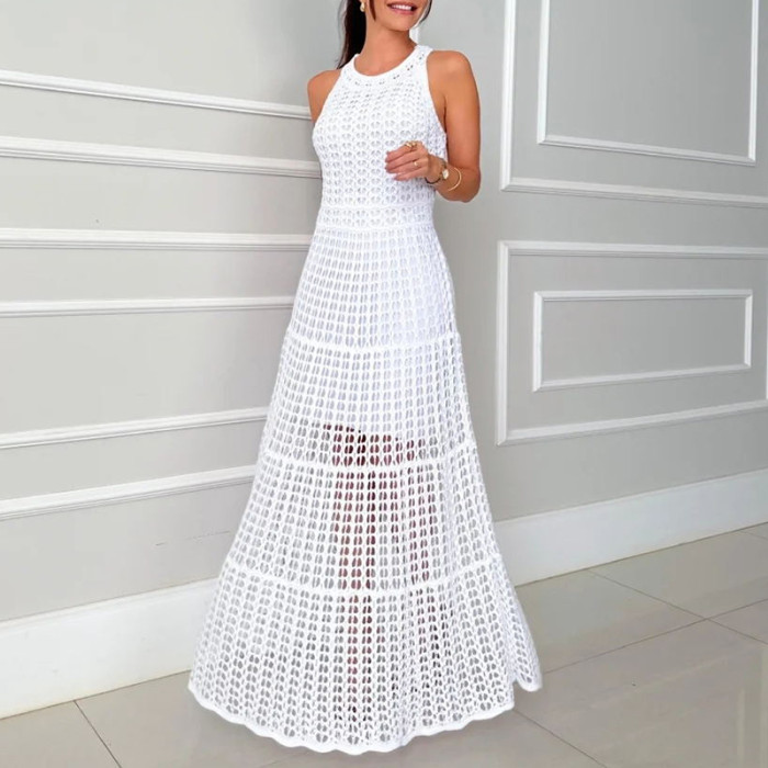 Casual Summer Solid Color Holiday Dresses Fashion O-neck Hollow Knitted Long Dress Sexy Sleeveless High Waist Beach Dress