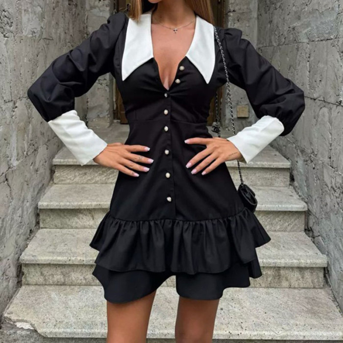 Fashion V-neck Button Slim Fit Short Dress Ruffle Edge Design Long Sleeved Autumn Women's Dress Casual Color Blocked Party Dress