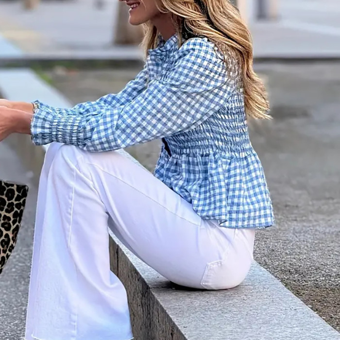 Autumn New Plaid Printed Women T-shirt Casual Single Breasted Pleated Commuting Top Fashion Long Sleeved Slim Fit Shirt Blouses